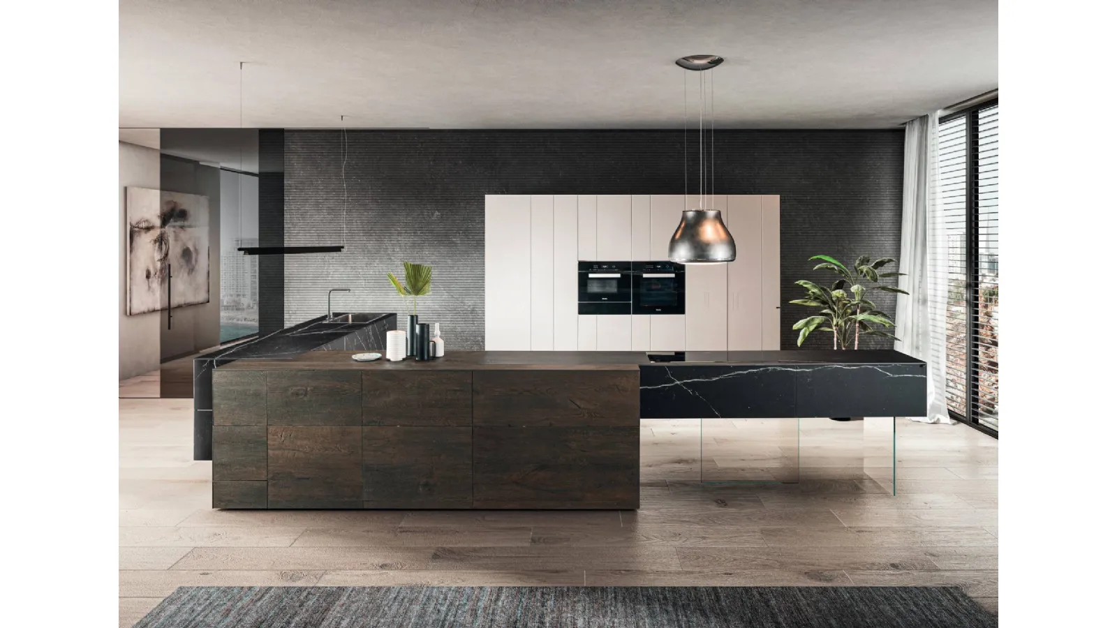 Cucina Design con penisola 36e8 Marble XGlass 1094 in vetro effetto marmo e legno di Lago