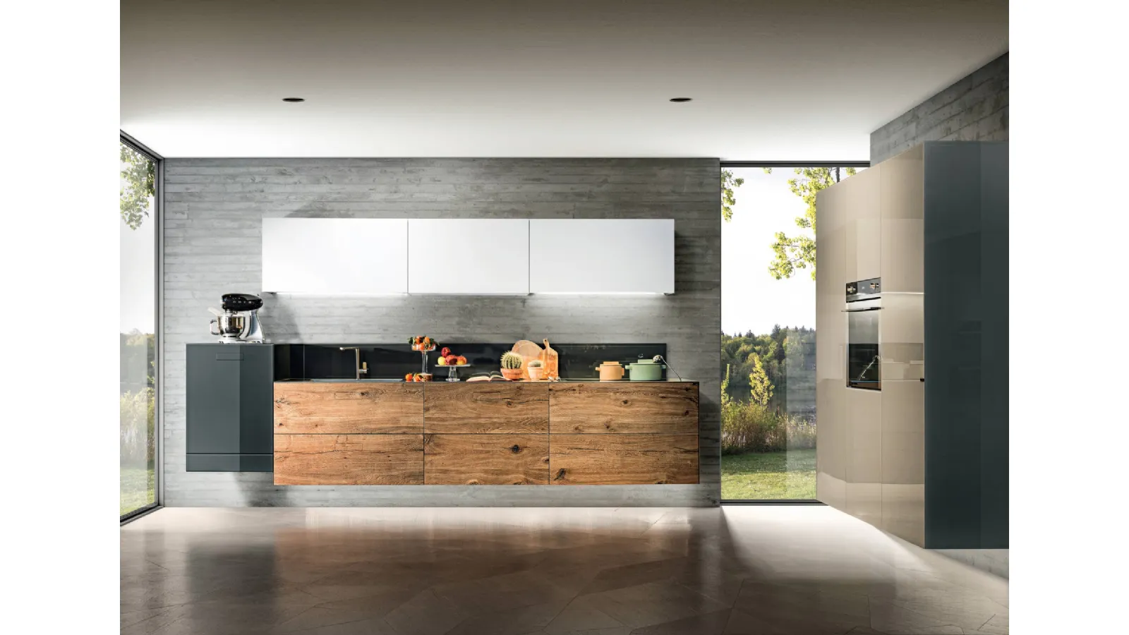 Cucina Design ad angolo 36e8 Wildwood 0227 in legno e laccato di Lago