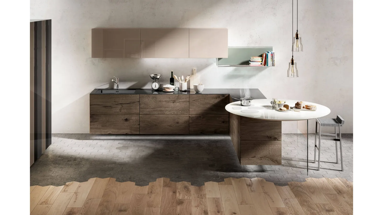 Cucina Design Air in legno con penisola in vetro con fuochi integrati di Lago