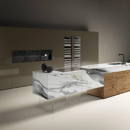 Cucina Design in vetro effetto marmo e legno con isola 36e8 Marble XGlass 1922 di Lago